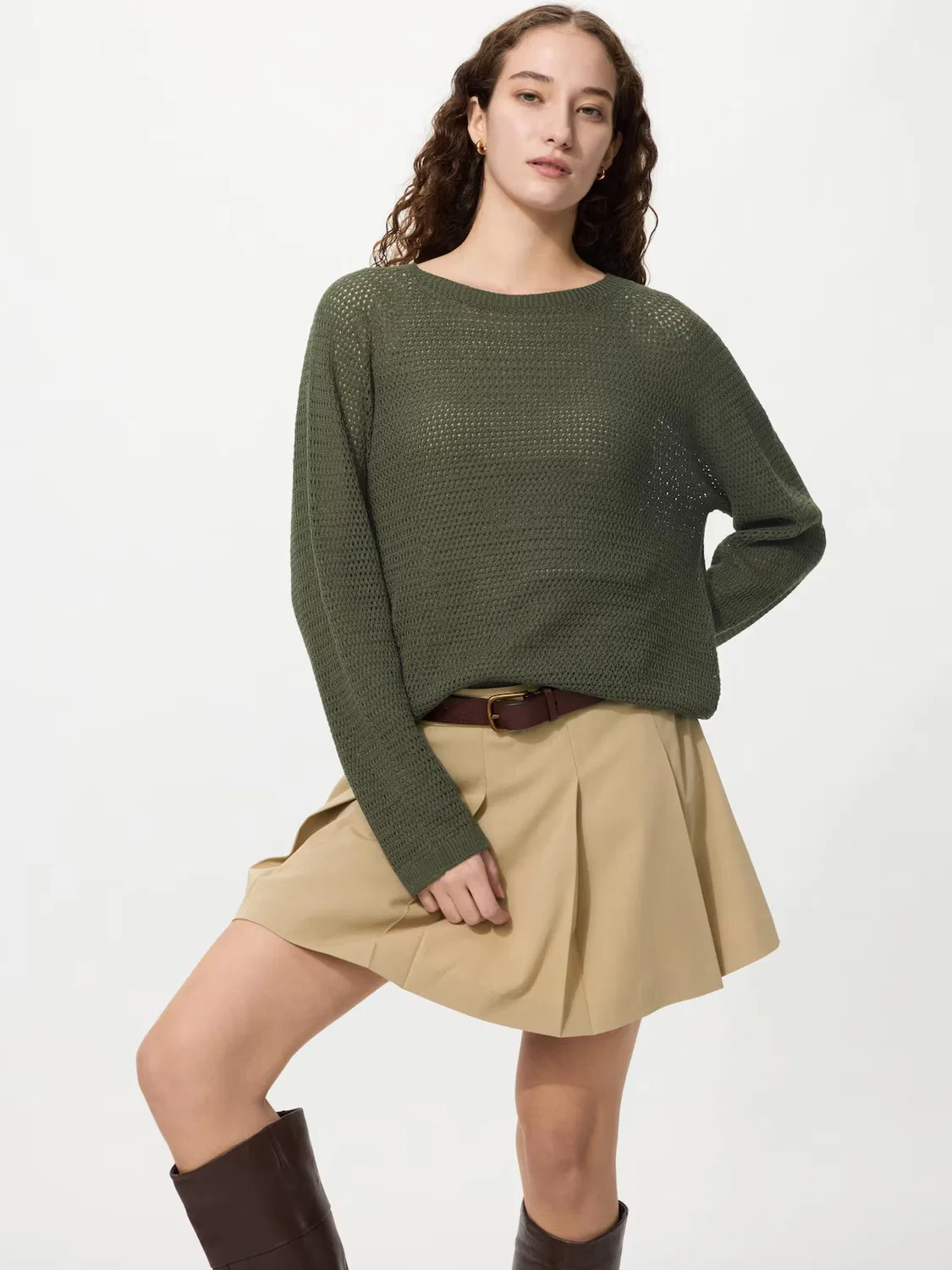 Свитер Uniqlo, с круглым вырезом и 3D-сеткой, темно-зеленый