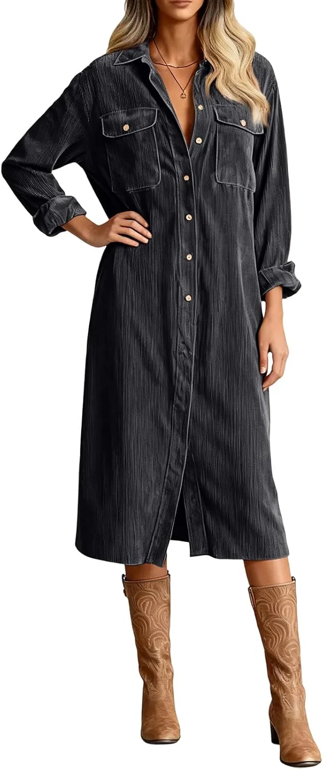 Женское платье-рубашка миди из вельвета Corduroy, Dark Gray