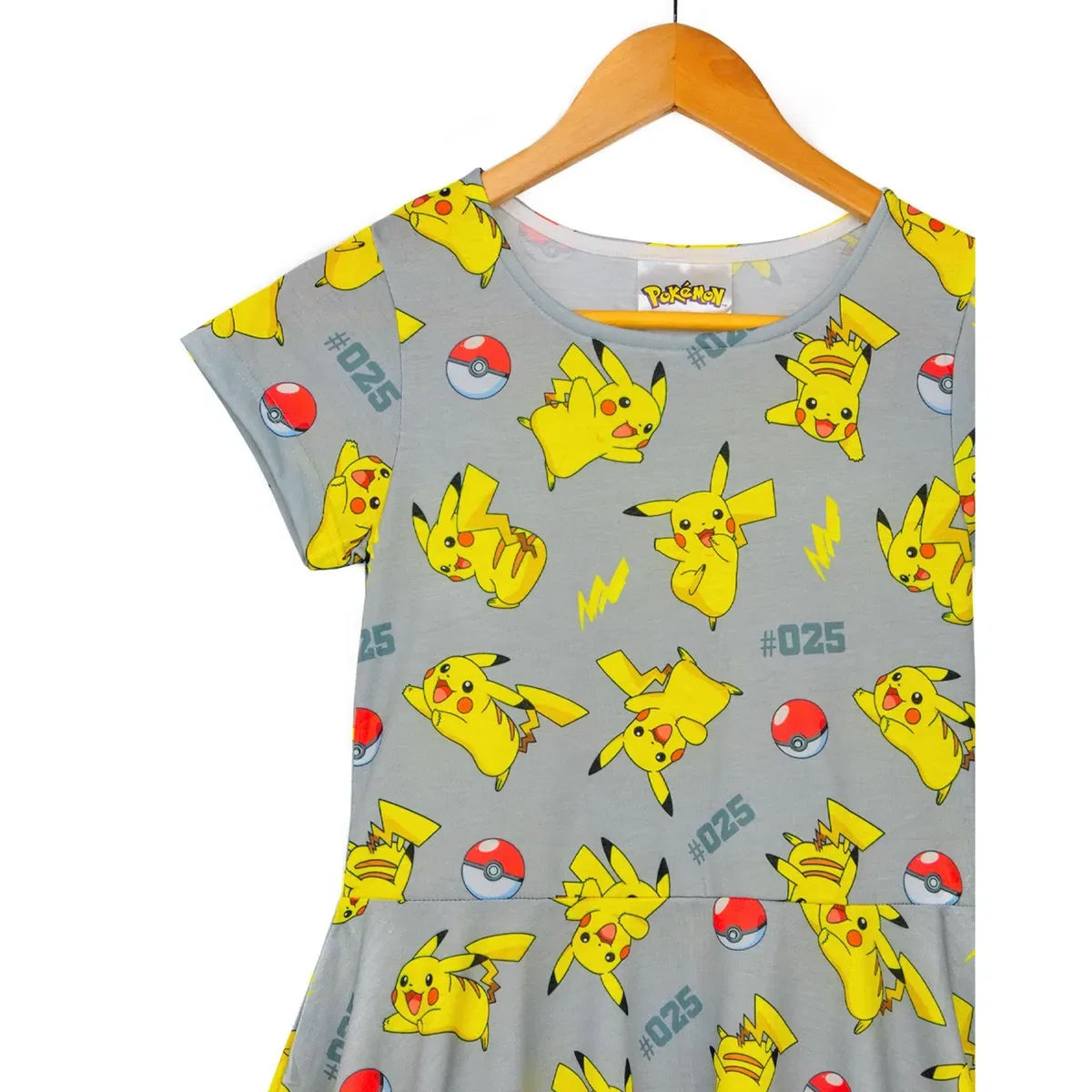 Детское платье-трапеция для девочек с коротким рукавом Pikachu Pokemon, Grey — фото 3
