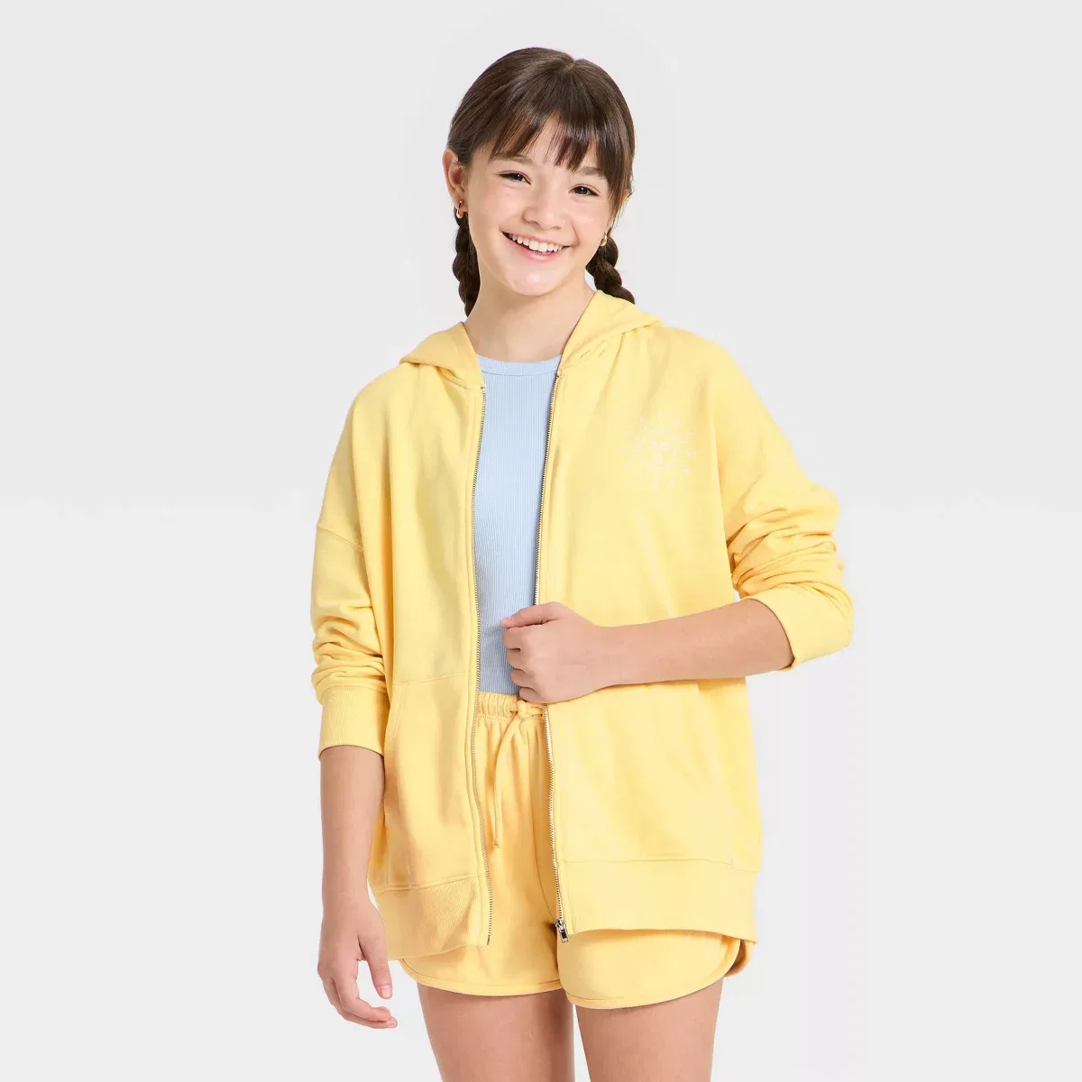 Детская худи-кофта на молнии оверсайз с принтом Girls' Oversized French Terry Zip-Up Hoodie Sweatshirt - art class GIRLS ART CLASS, Yellow