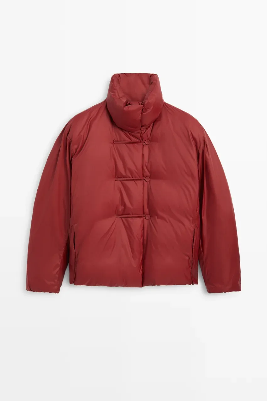 Пуховик Massimo Dutti Down Jacket With Toggle Detail, темно-красный