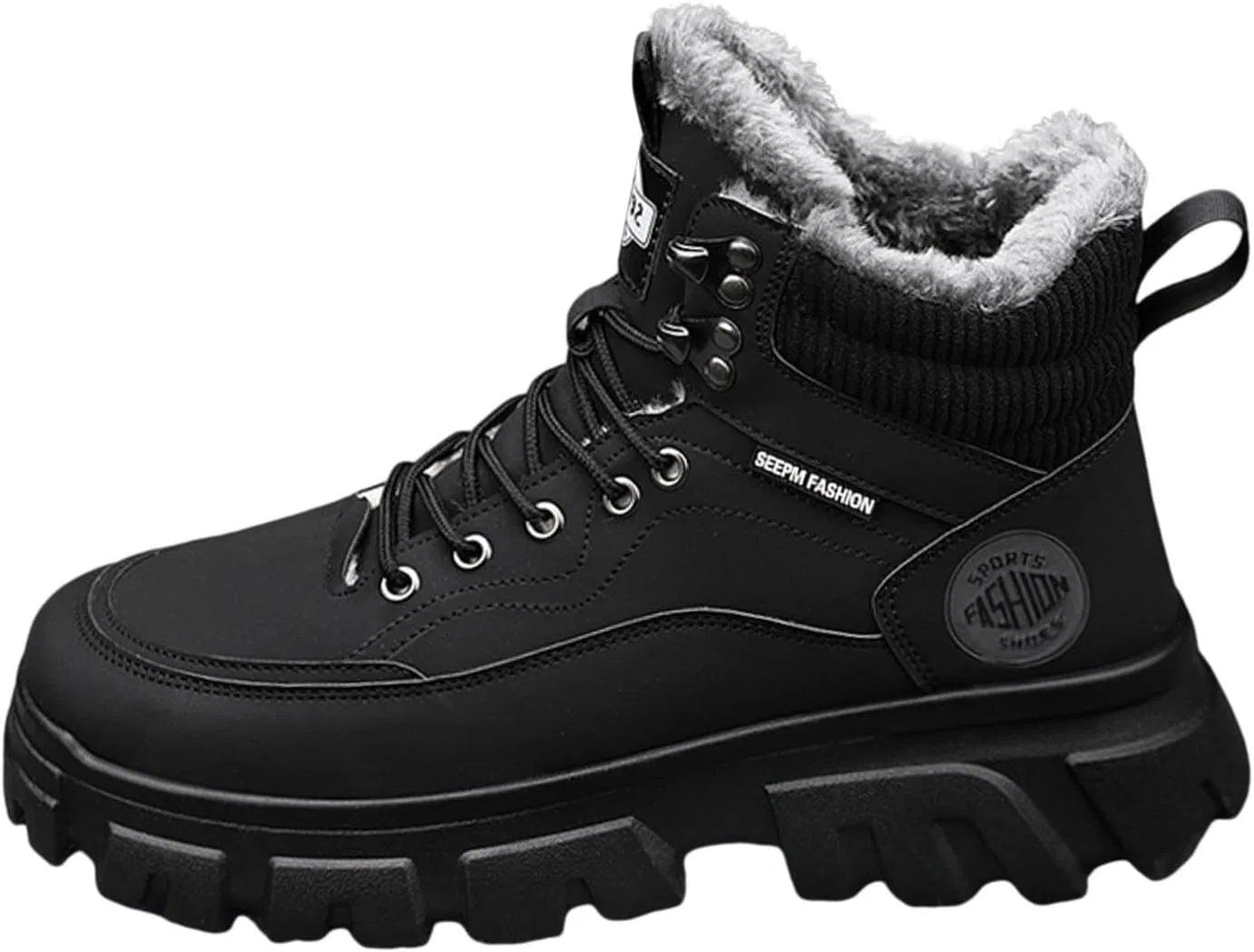 Ботинки Winter Wanderschuhe Damen Herren, Herren Winterstiefel einfarbigem Fleece mit Schnürung, warme Schneestiefel, lässiger Komfort Generic, Schwarz