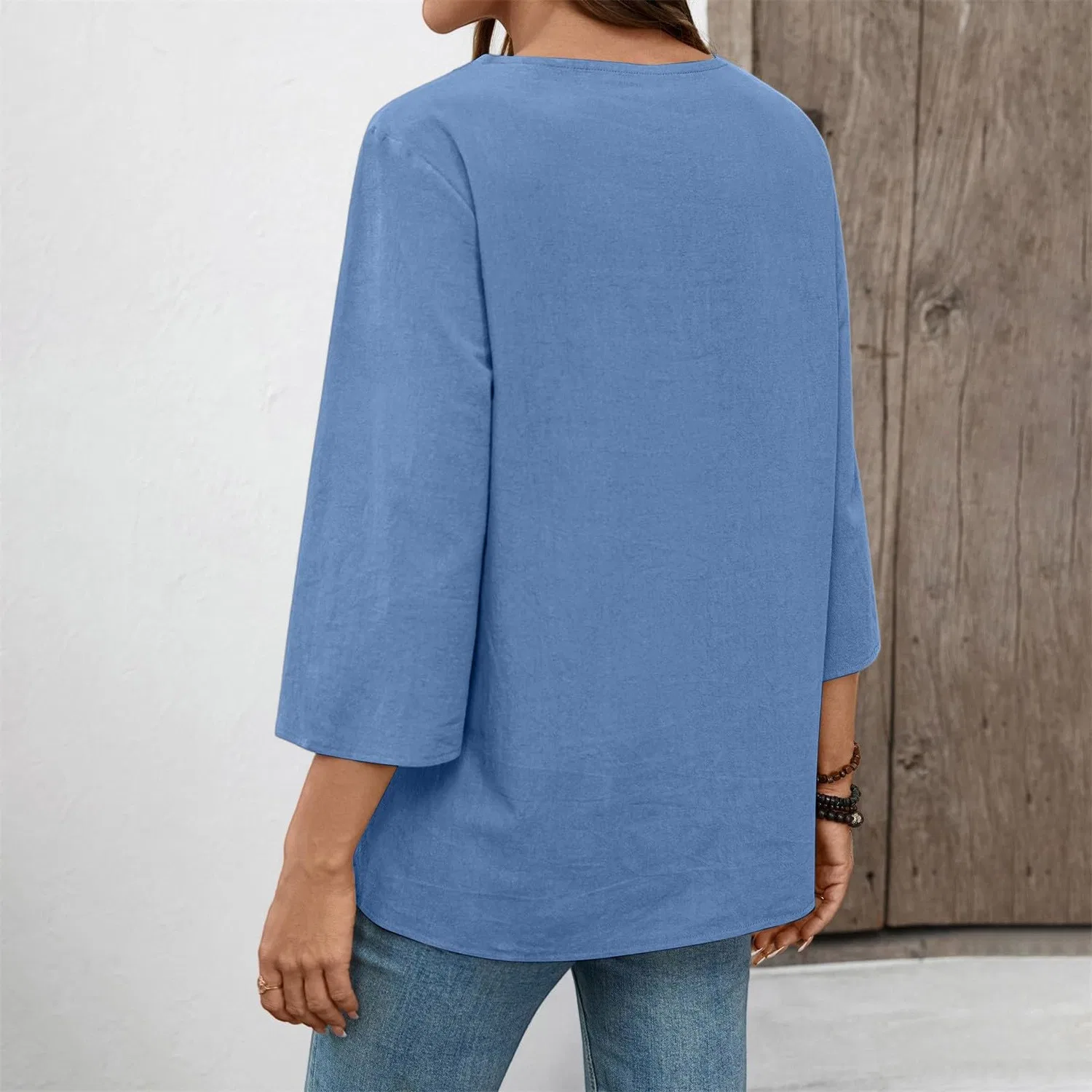Женская льняная туника с вышивкой Retro 3/4 Sleeve Boho Casual Loose Fit Lightweight Summer Beach Blouse, D-sky Blue — фото 3