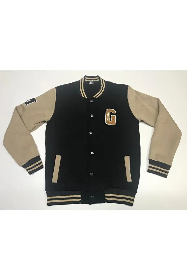 Детская куртка для девочек с вышивкой Winter 3-thread embroidery pocket unisex varsity jacket sweatshirt cardigan Baby Slon Kids Clup, Black-Beige