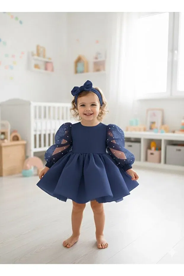 Детское платье для девочек кружевное с длинным рукавом Mirace Styl, Navy Blue