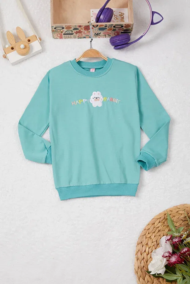 Детские свитшот для девочек с вышивкой Green Rabbit Embroidered Lettering Cansın Mini, Green