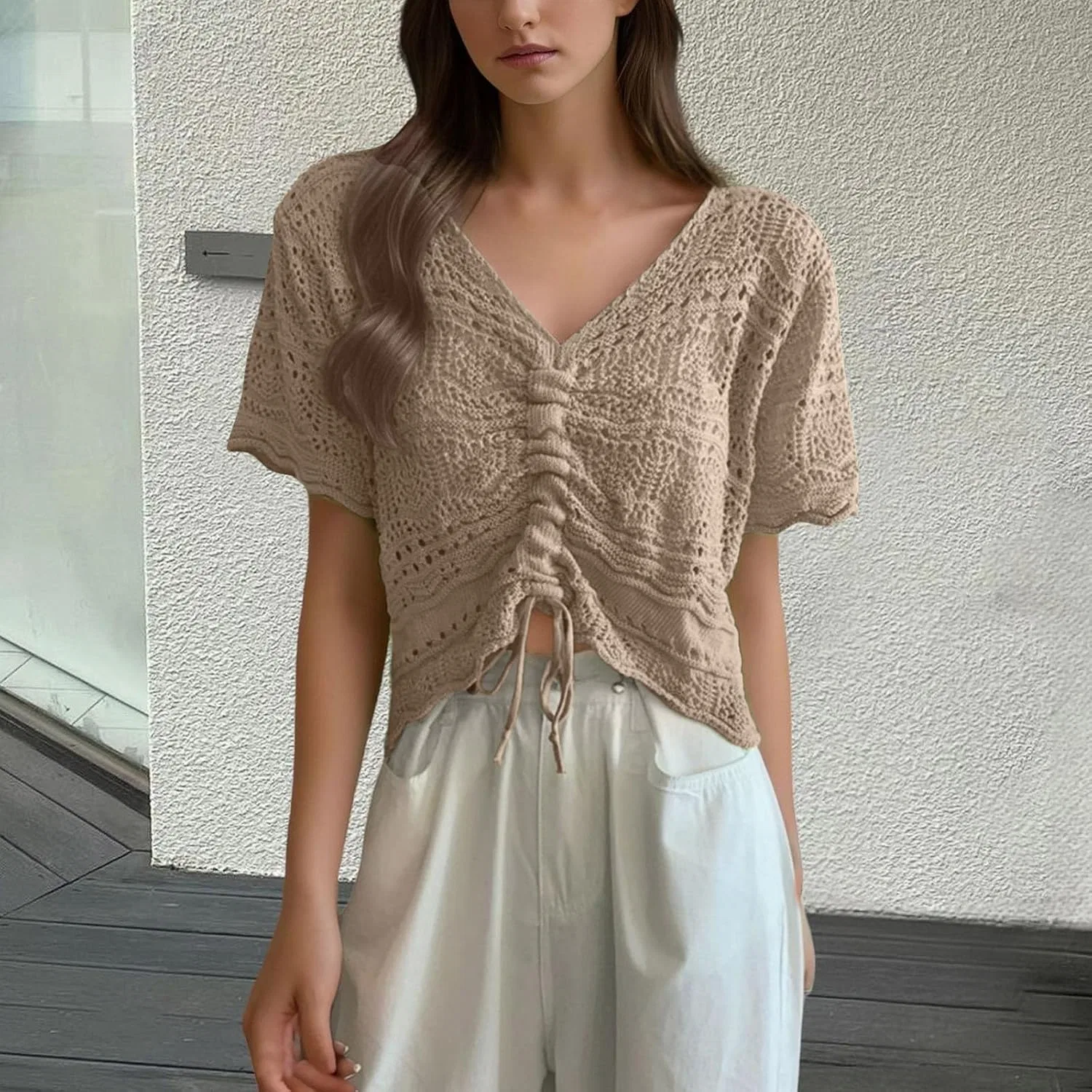 Женская пляжная накидка с кружевом и завязками, Khaki — фото 2