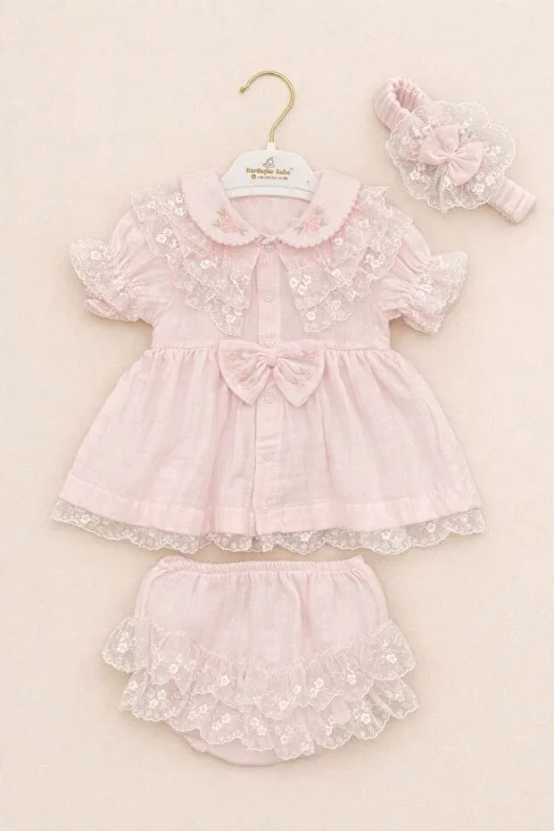 Детский комплект для девочек из 3 предметов с кружевом Kardeşler Bebe, Pink