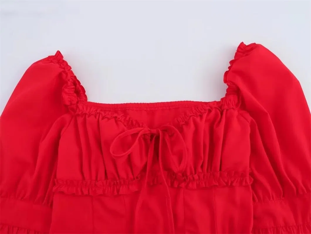 Женское летнее платье с квадратным вырезом и пышными рукавами, Red — фото 4
