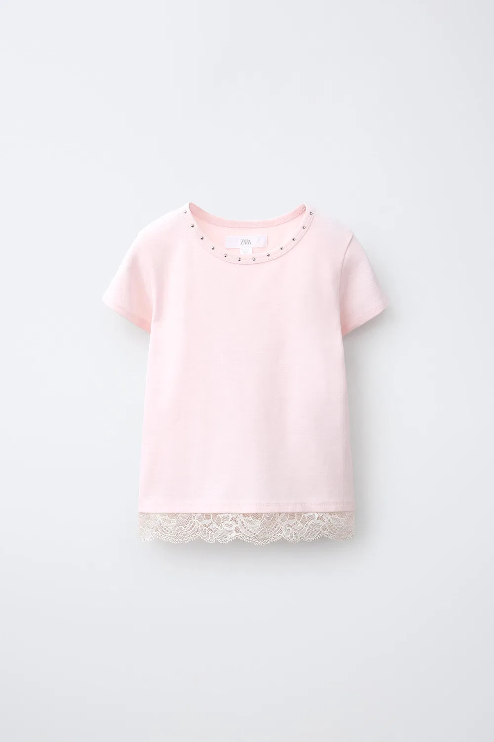 Футболка с кружевной отделкой и заклепками ZARA, Pink