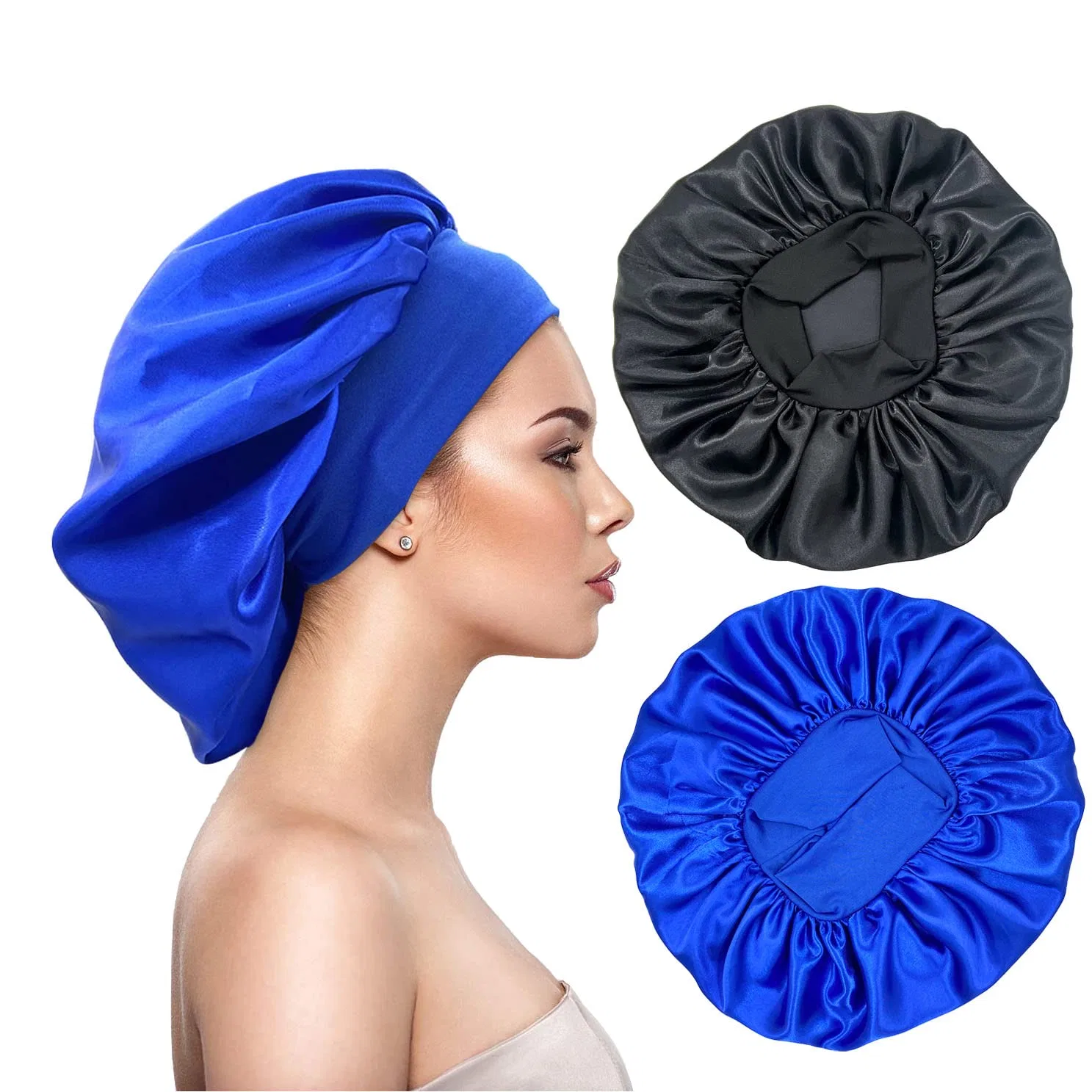 Шапочка для душа Satin Bonnet, 2 шт, AUHKARUS, 37 см, Black, Blue