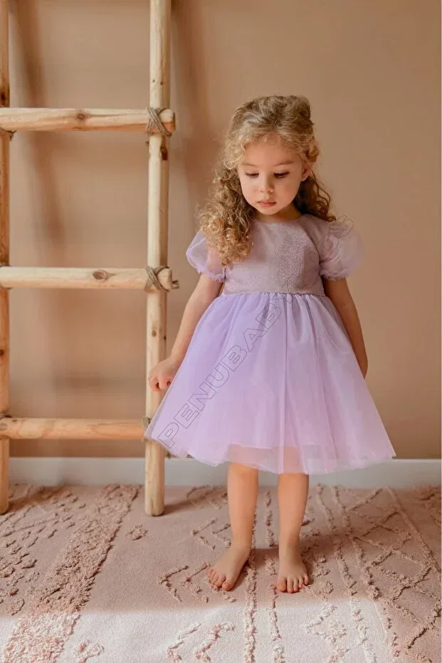 Детское платье для девочек с коротким рукавом Balloon Tulle Sleeve Penu Baby Kids, Purple