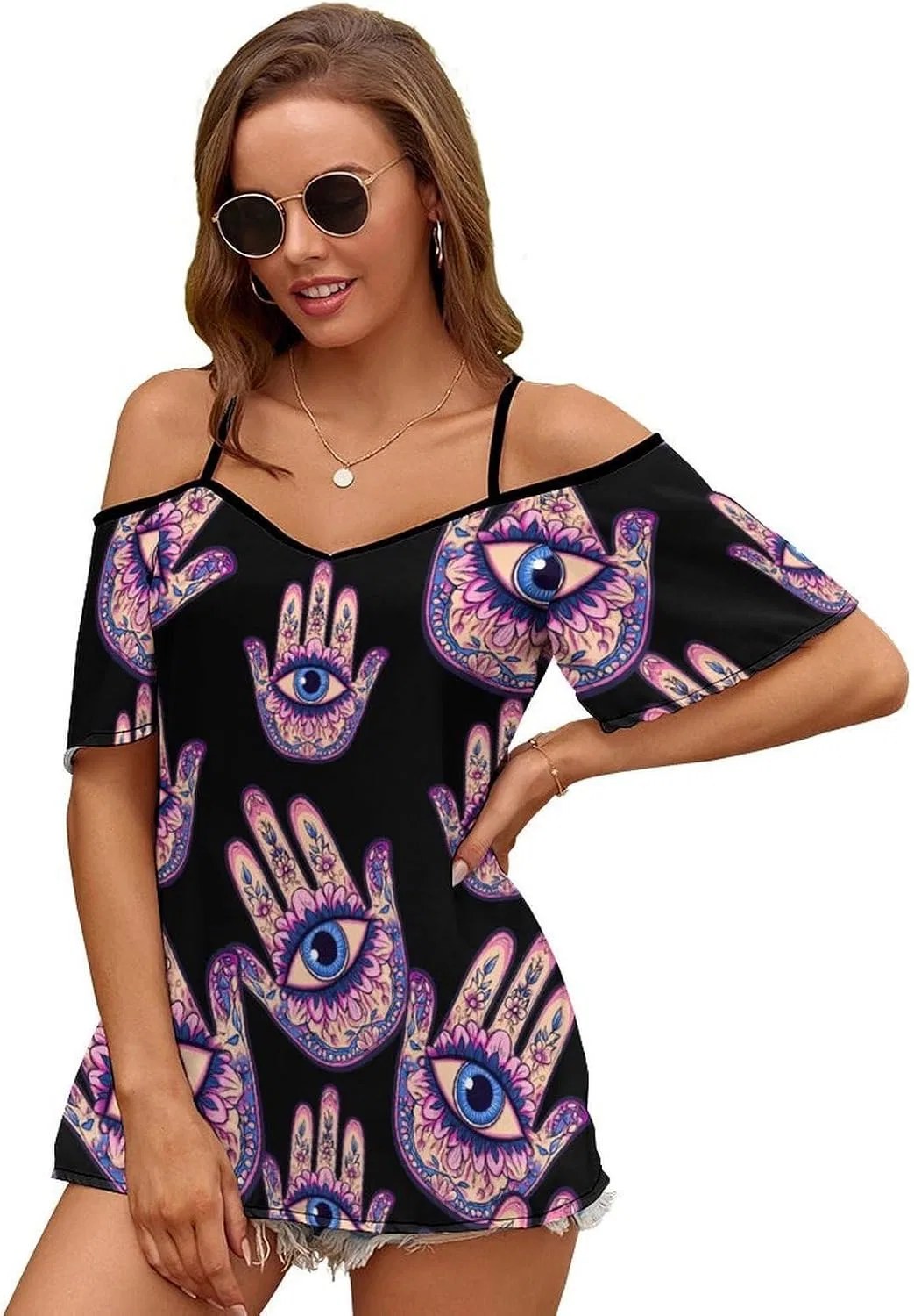 Женское платье-футболка с принтом цветов и руки Хамса Cold Shoulder Tops, Style