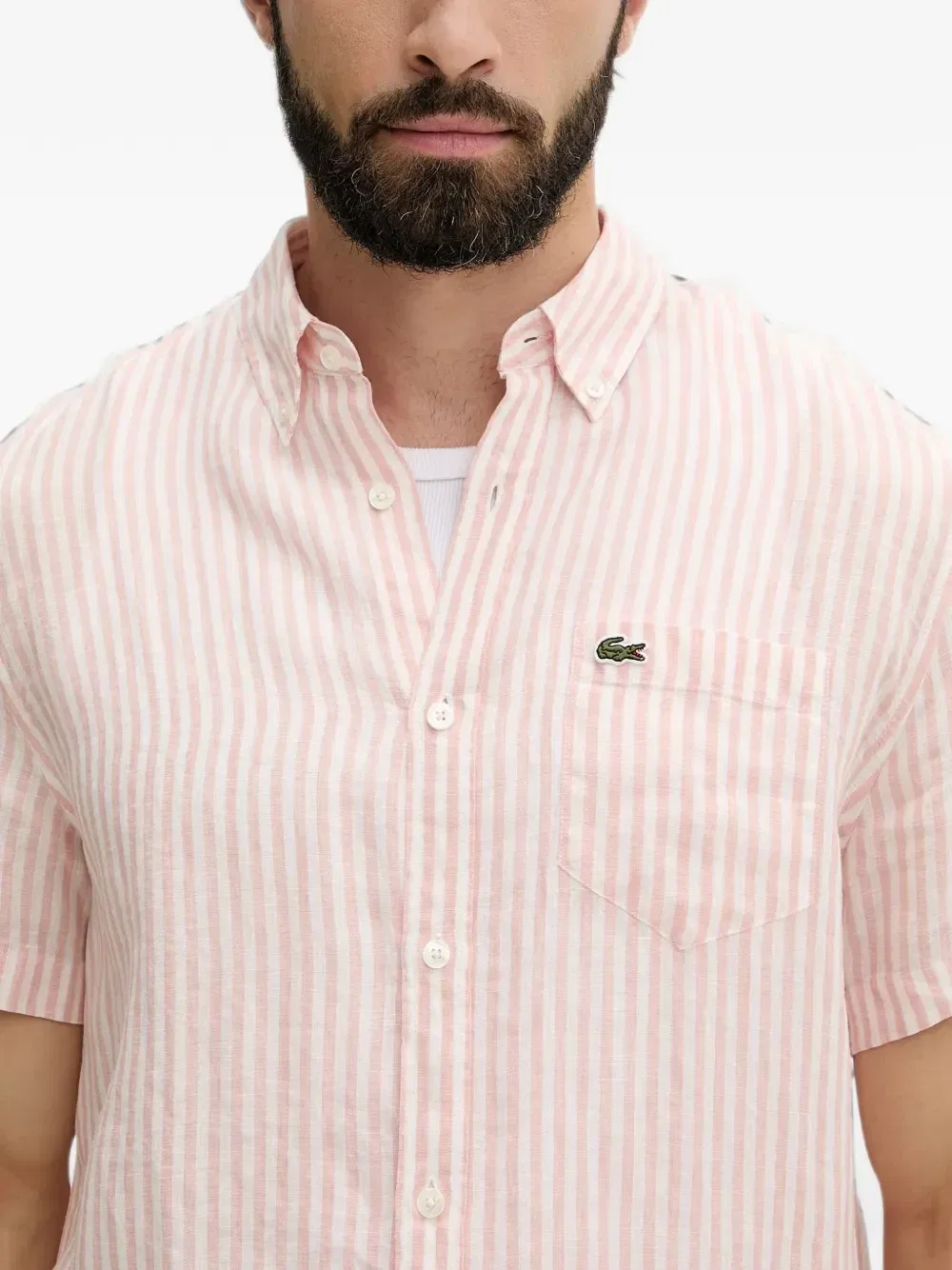 Полосатая льняная рубашка с короткими рукавами Lacoste, розовый — фото 4