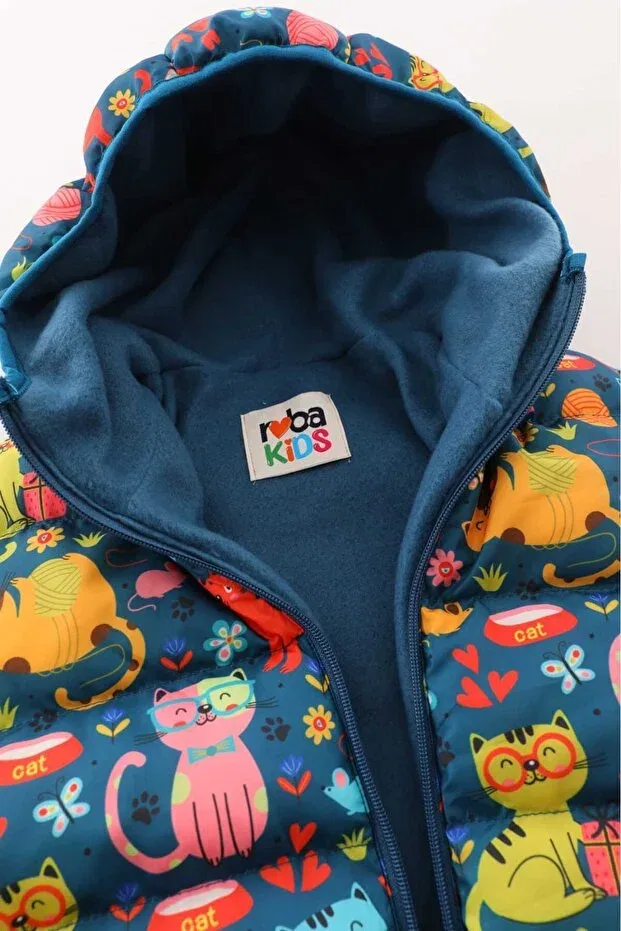 Детское зимнее пальто для девочек с капюшоном, Inner Fleece Hooded Cat Patterned Winter Puffer Jacket & Coat RB-101, Generic Brands, Colored — фото 4