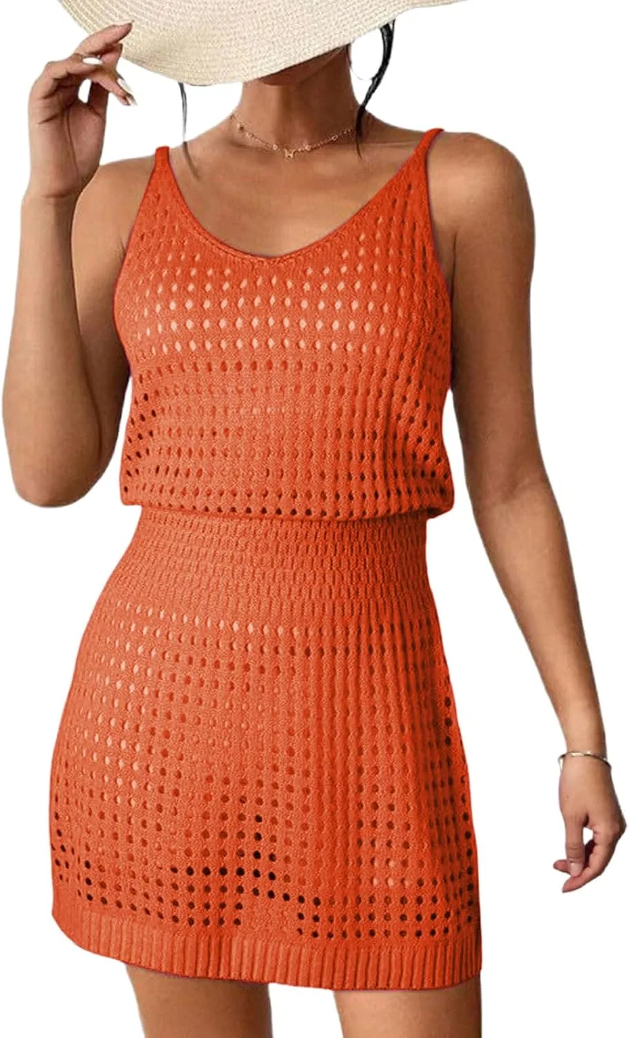 Женское пляжное платье с вырезами и вязаным кружевом, Orange