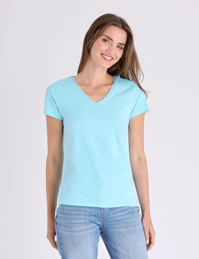 Футболка U.S. Polo Assn Metallic Trim V-neck, светлый бирюзовый — фото 4