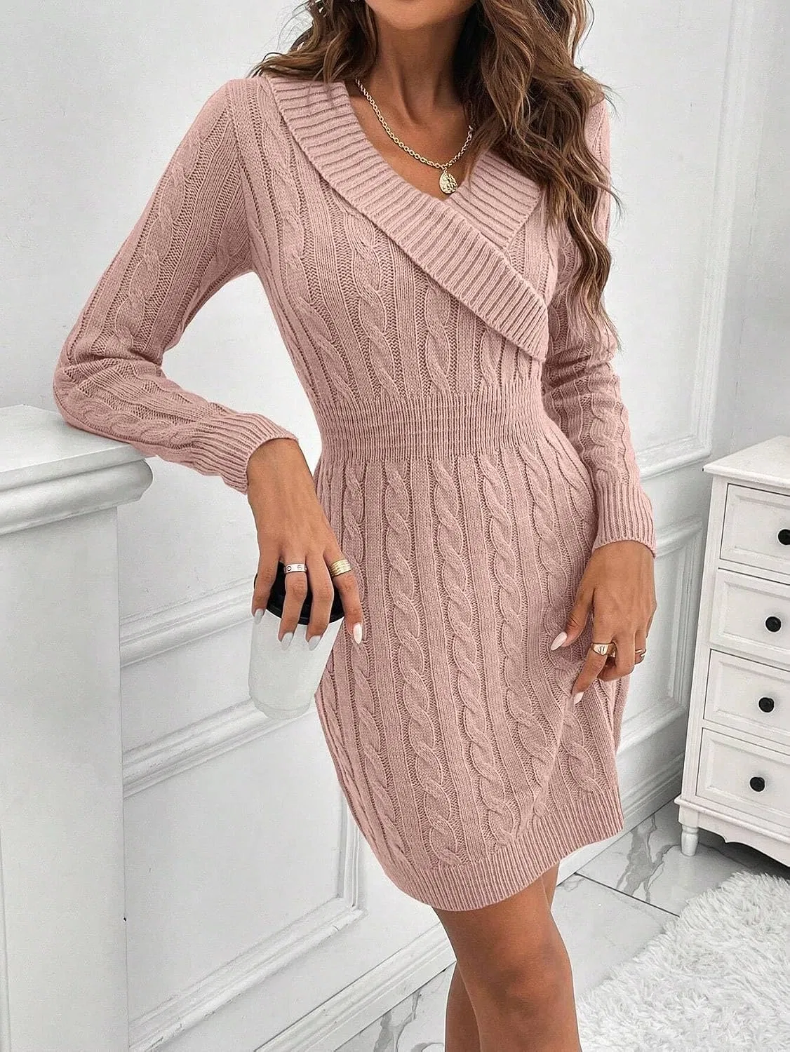 Женское вязаное платье с асимметричным вырезом Knitwear, Dusty Pink — фото 4