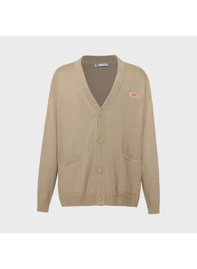 Кардиган свободный вязаный с вышивкой, Zara, темно-хаки — фото 2