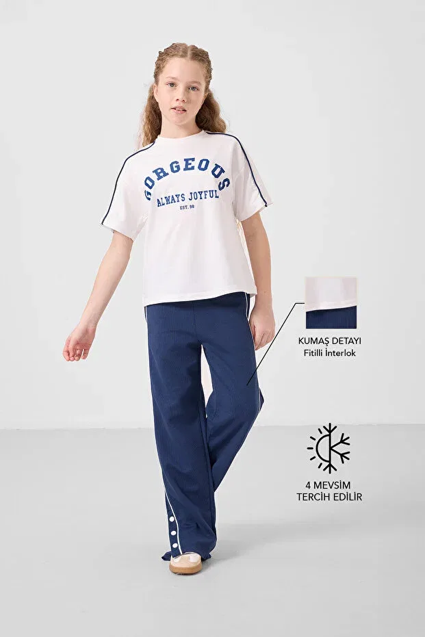 Детский комплект для девочек с принтом Ecru-Parliament O Neck Printed Wide Leg Snap Detail Girls Palazzo Tracksuit Set Tommy Life, Ecru/Parlament