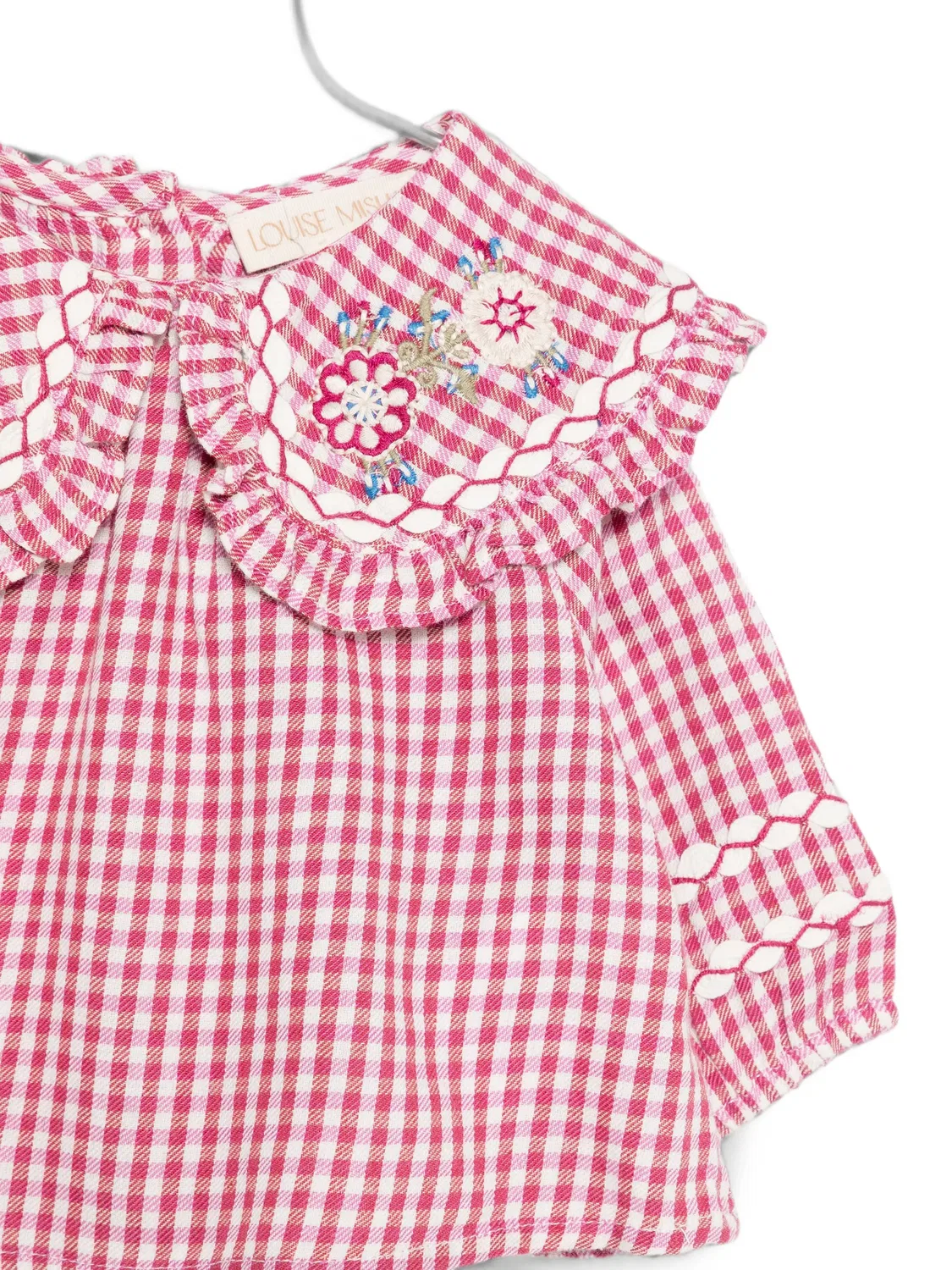 Блузка в клетку гингем с вышивкой на воротнике Louise Misha Kids, красный — фото 3