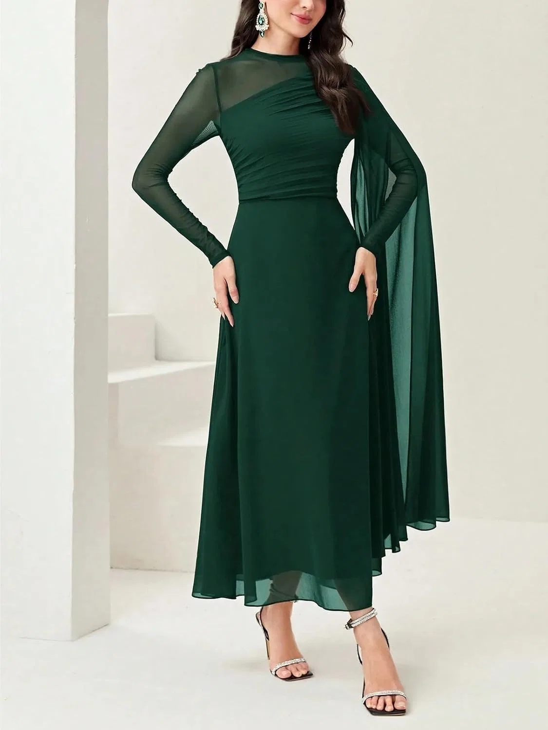 Женское длинное платье A-силуэта с длинным рукавом, Dark Green — фото 4