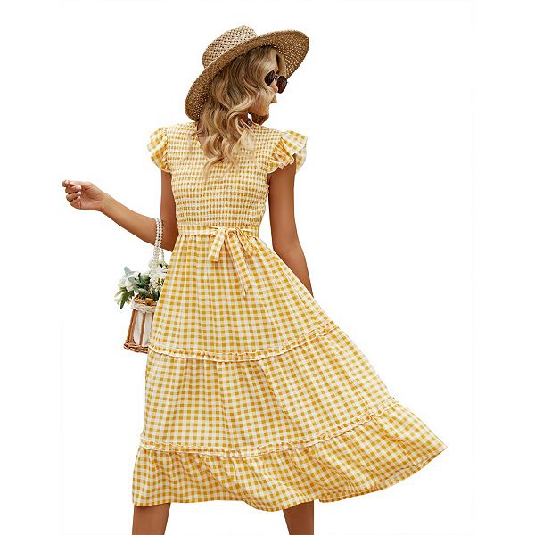 

Женское летнее платье макси с V-образным вырезом и присборенным лифом Yesfashion, Yellow Grid