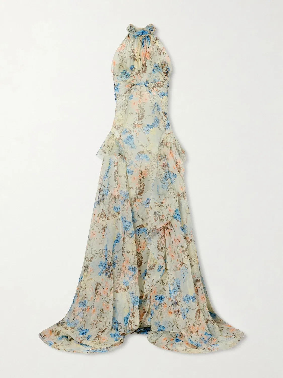 Плиссированное шелково-органзовое макси-платье с цветочным принтом Alexander McQueen, розовый/зеленый/синий