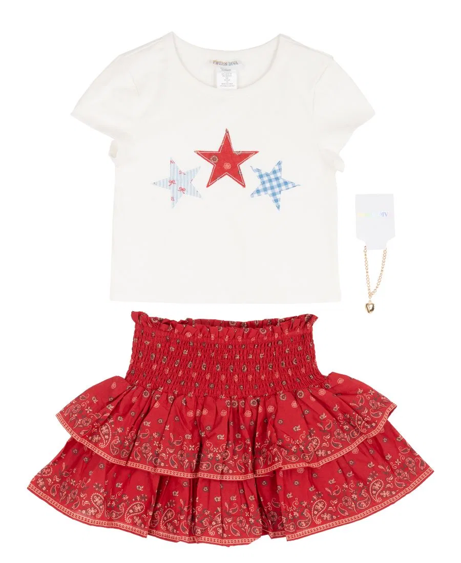 Детский комплект для девочек с принтом звезд Top, Skirt and Necklace Tween Diva, Red