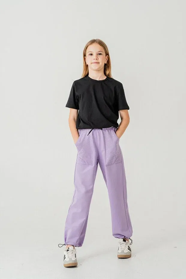 Детские спортивные штаны для девочек с принтом Pocket stoned leg brit elastic stopper Mışıl Kids, Lilac