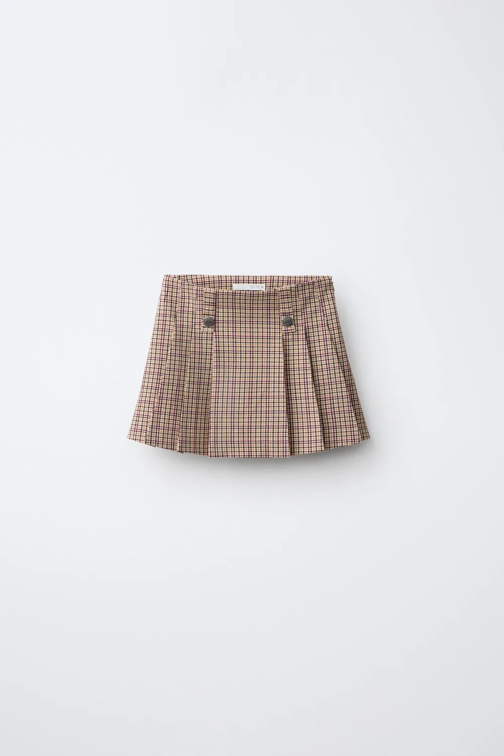 Плиссированная юбка в клетку с пуговицами. ZARA, Ecru/Maroon