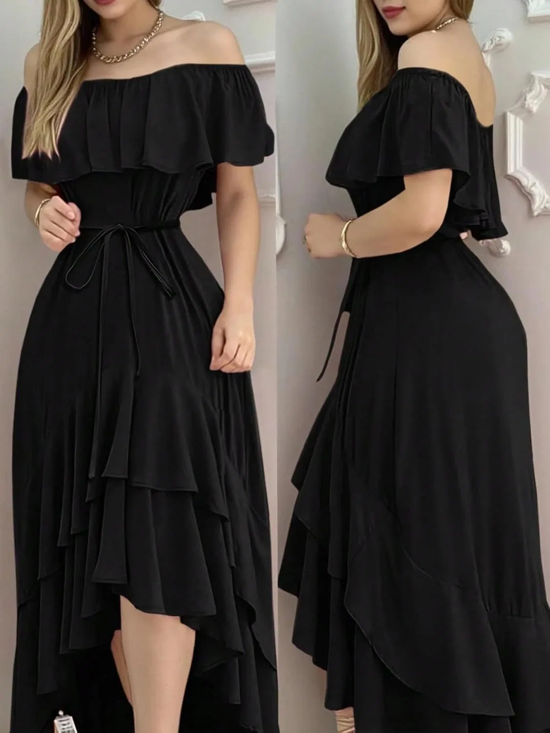 Женское летнее миди-платье асимметричное с открытыми плечами, Black — фото 2