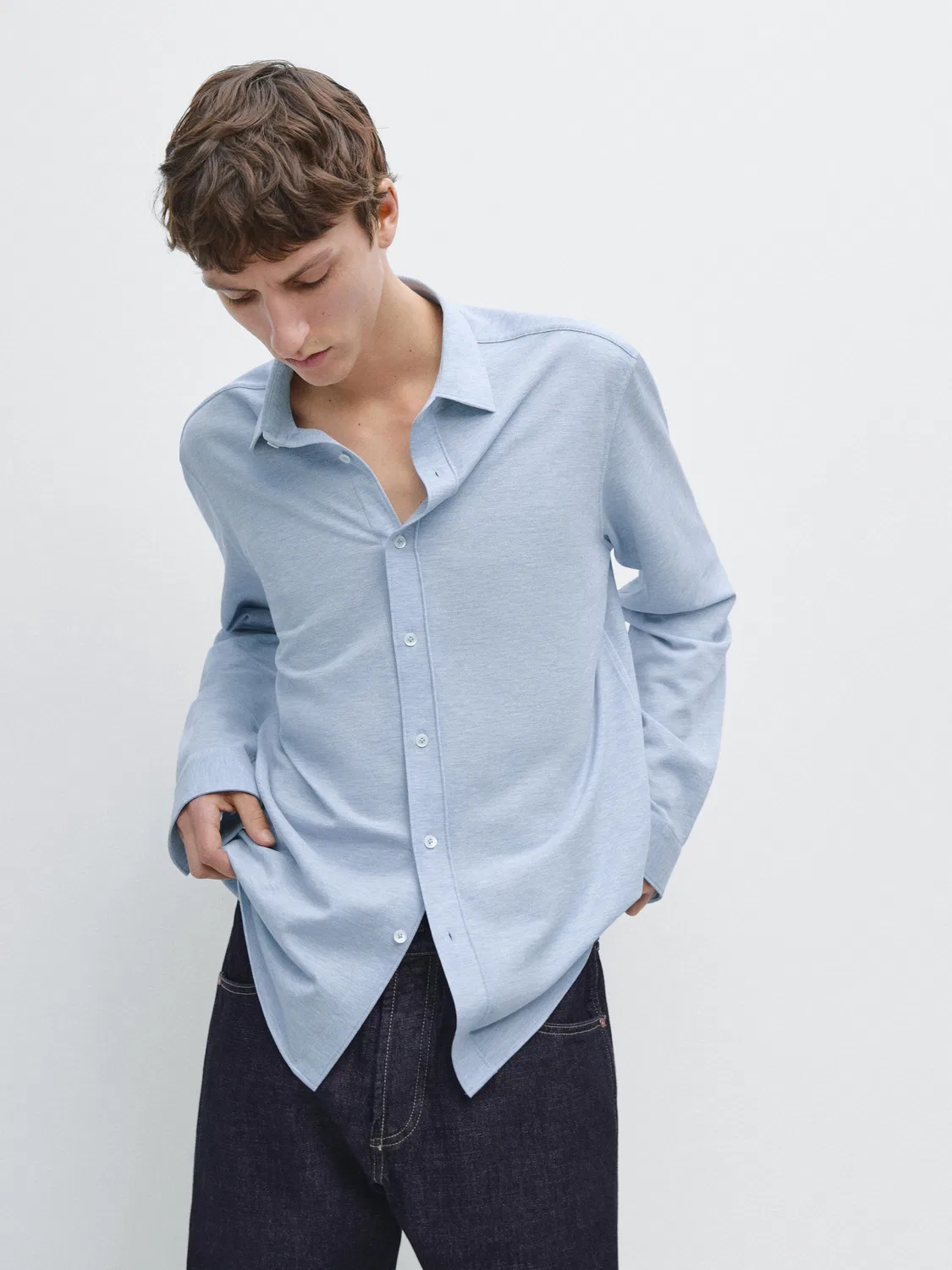 Рубашка меланжевого цвета стандартного кроя Massimo Dutti, небесно-голубой — фото 2