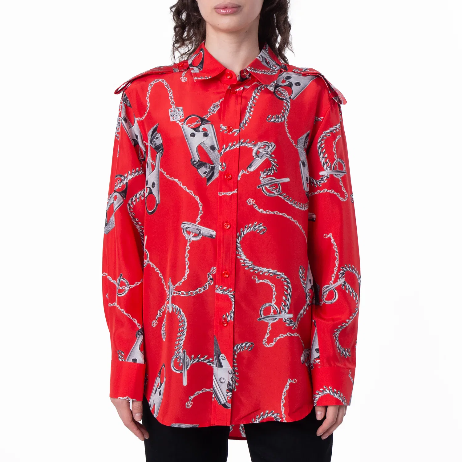 Шелковая рубашка с длинным рукавом с принтом All-Over Graphic Print Burberry, Silver/Red