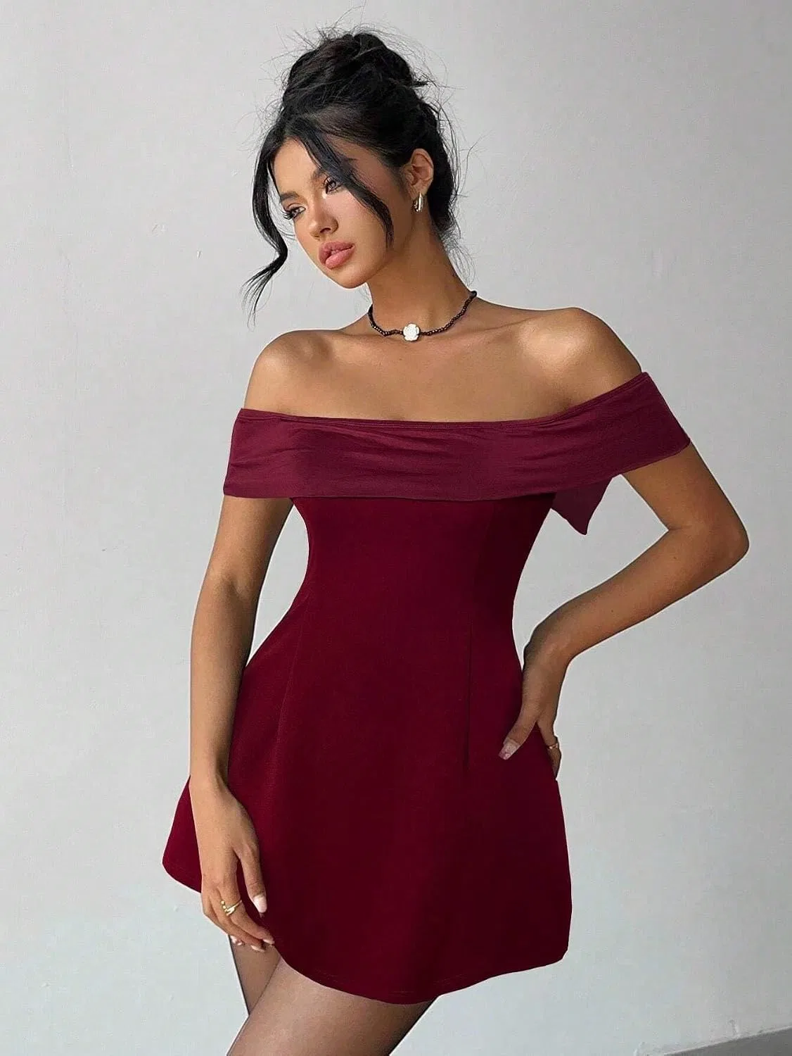 Женское повседневное платье с открытыми плечами A-line, Burgundy — фото 3
