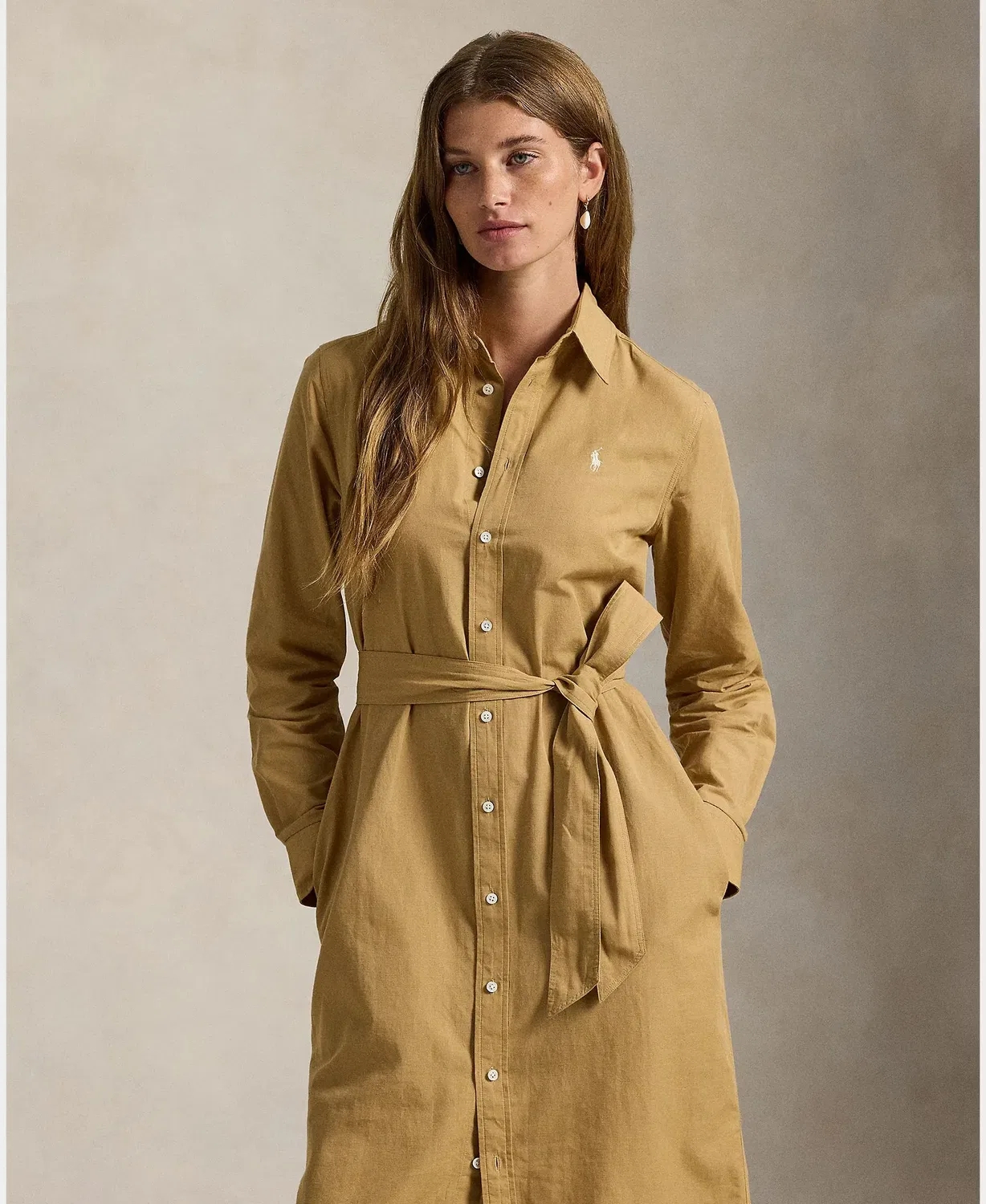 Женское платье-рубашка хлопковое с поясом Polo Ralph Lauren, Caramelo — фото 2