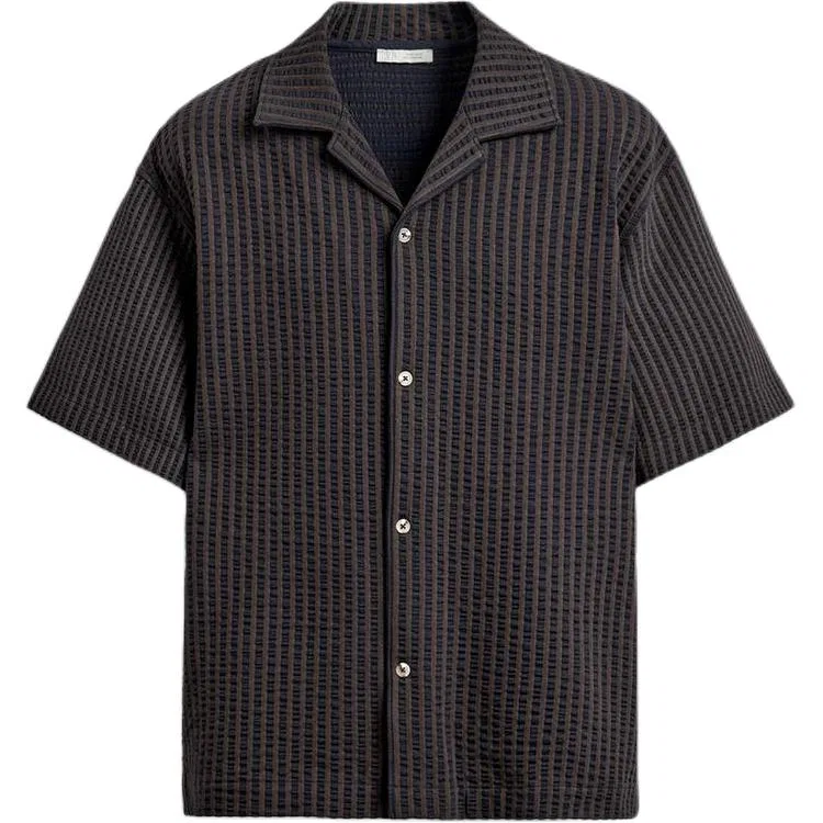 Мужская рубашка с кубинским воротником Brown Blue ZARA, Brown-Blue