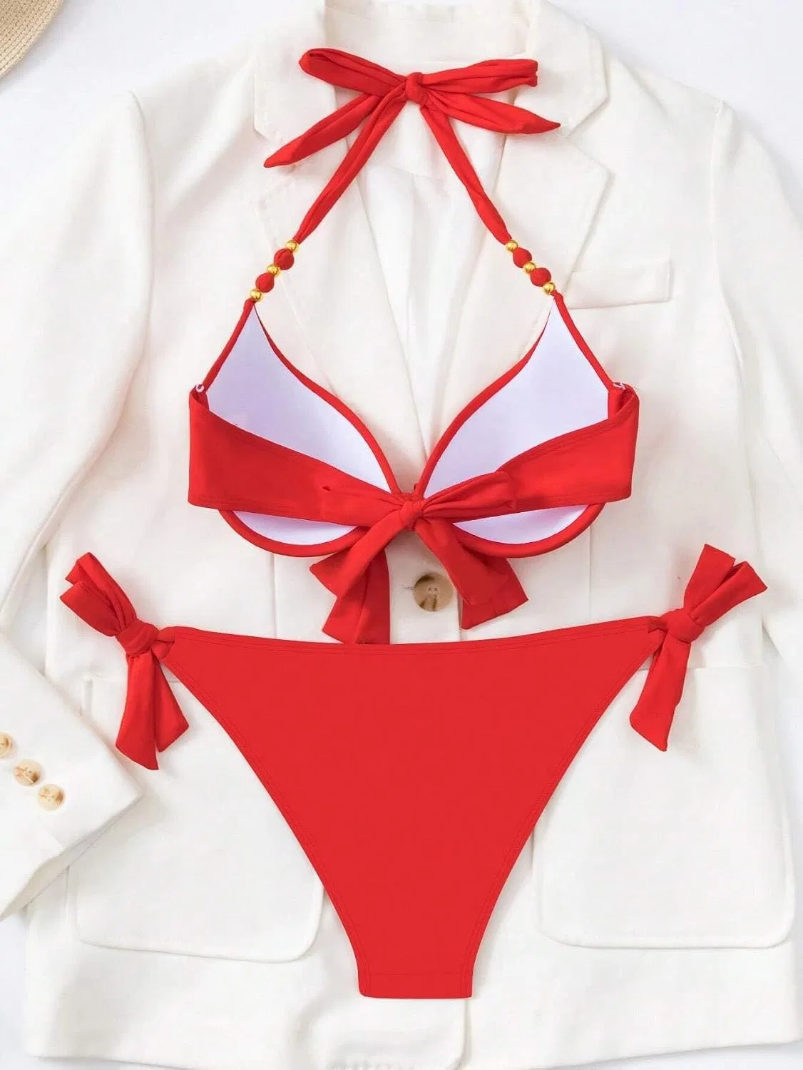 Женский бикини-сет с push-up и завязками, Two Piece Bikini Set, Red — фото 3