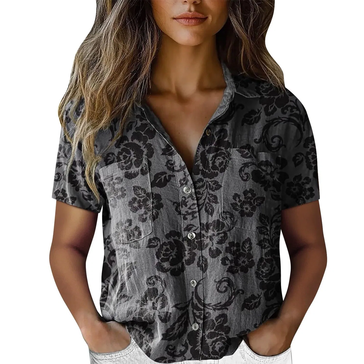 Женская хлопковая блуза с принтом с коротким рукавом, Dark Grey