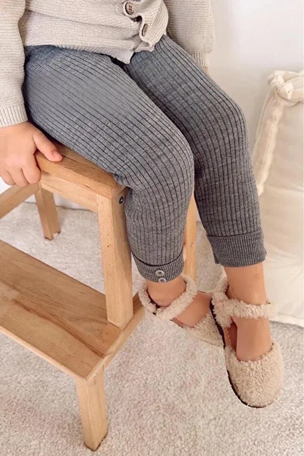 Детские леггинсы для девочек утепленные Smoke color high waist button detailed unisex knitwear ribbed flexible tights Sparrow Laurel, Smoked