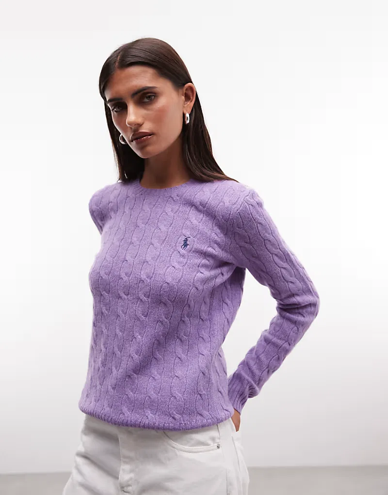Хлопковый джемпер Polo Ralph Lauren с логотипом Icon, выполненный в технике косички, сиреневый — фото 3
