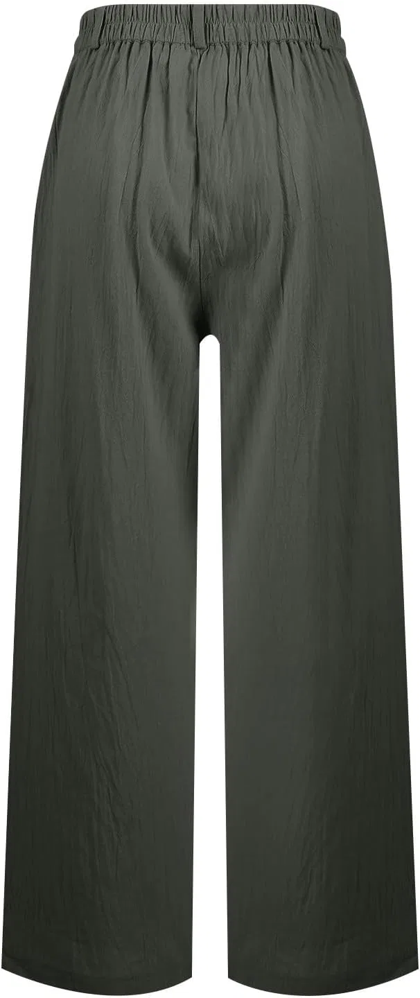 Женские широкие брюки из льна с высокой посадкой, Dark Green — фото 2