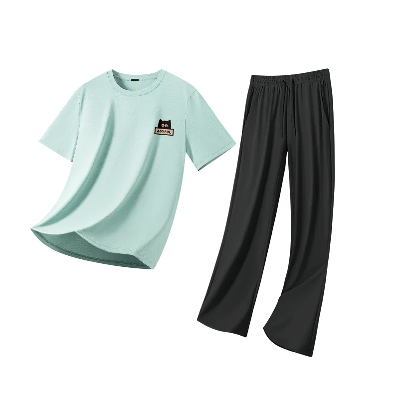 Детский комплект пижам 2 Pack Dazed Cat Chest Logo MINISO, Aqua Green + Black