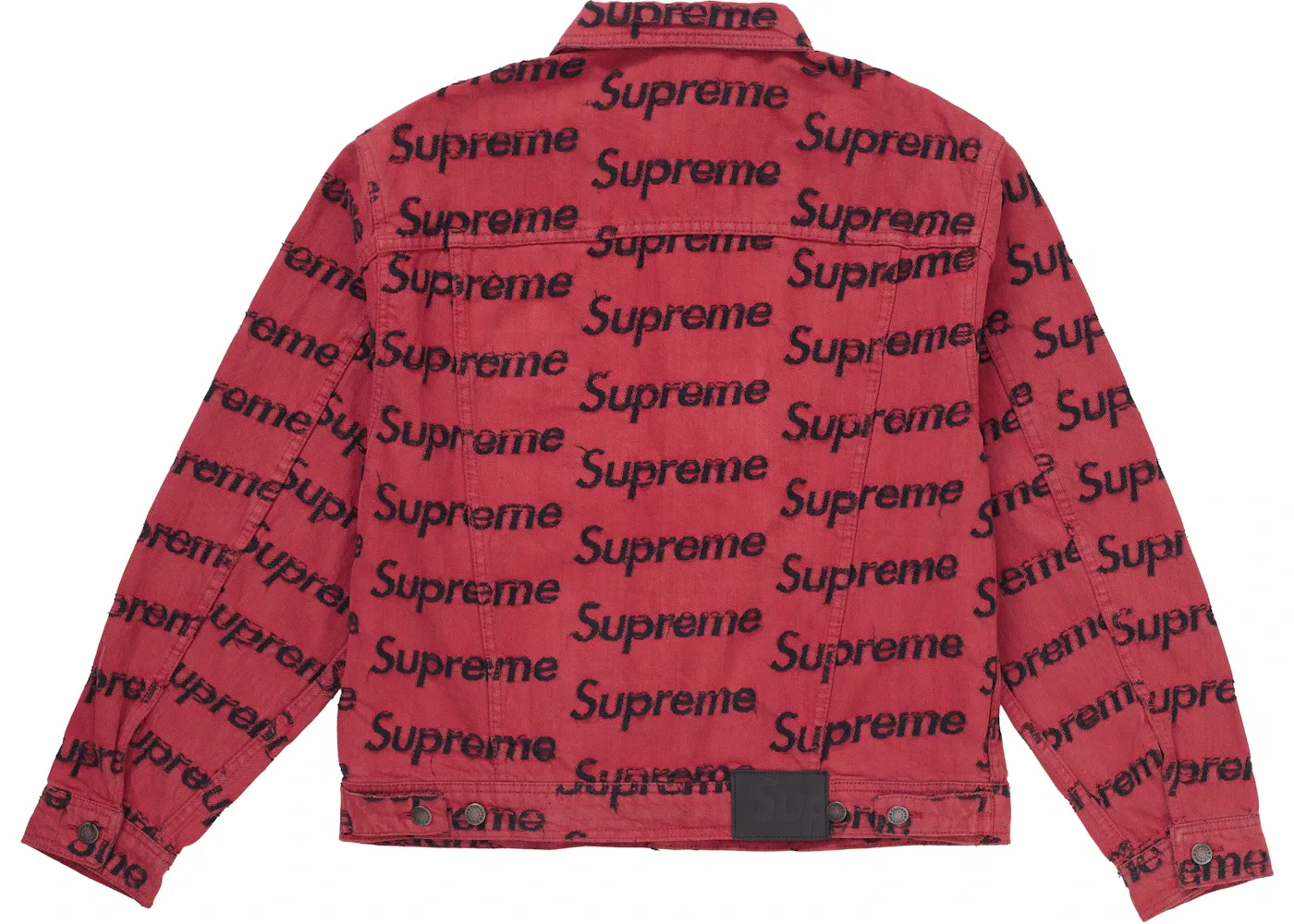 Мужская джинсовая куртка с потертостями Supreme Frayed Logos Denim Trucker Jacket, Red — фото 2