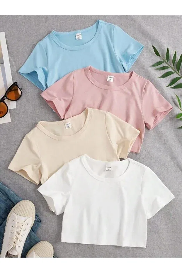 Женский комплект из 4 футболок-кроп с принтом Novibe, Baby Blue Pink Beige White
