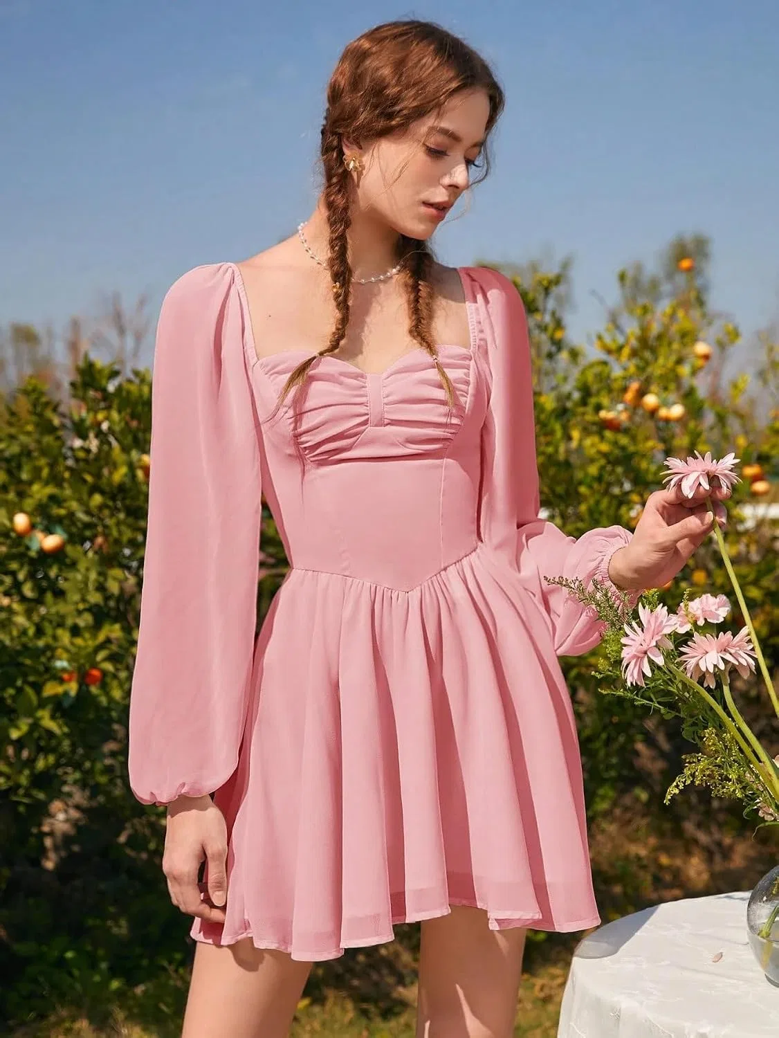 Женское платье с драпировкой на груди A-line, Coral Pink — фото 3