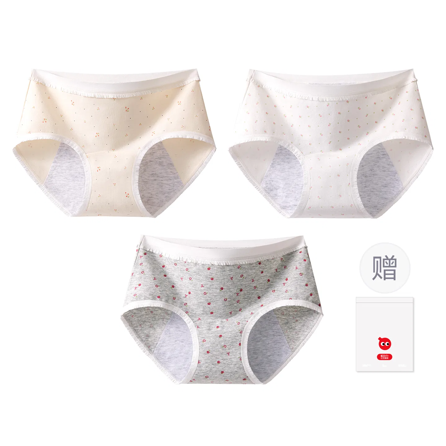 Детские трусы для девочек хлопковые с принтом Red bean, Apple Light Grey + Cherry Light Apricot + Floral Pure White