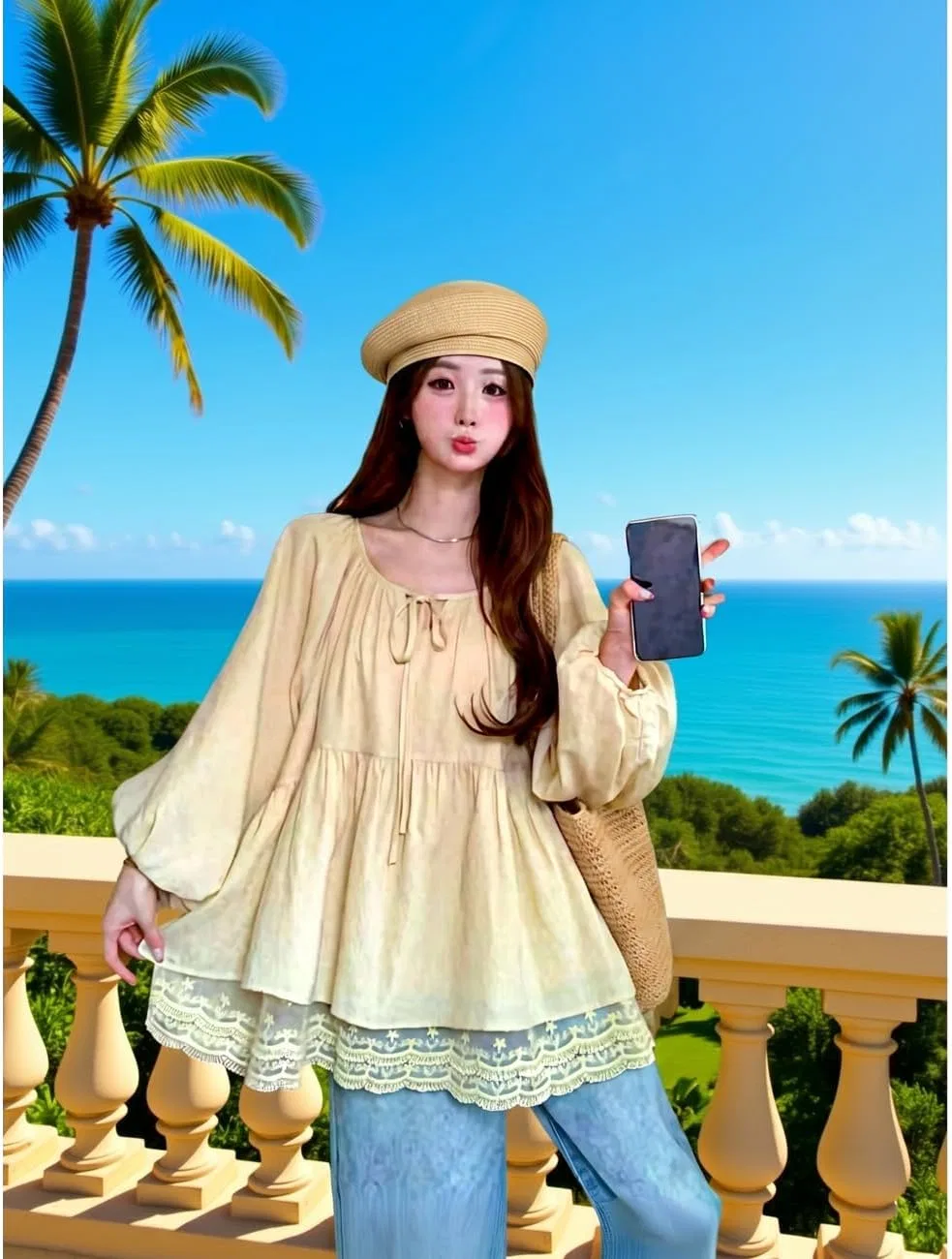 Блуза с кружевом, женская Tunic Blouse, желтый — фото 3
