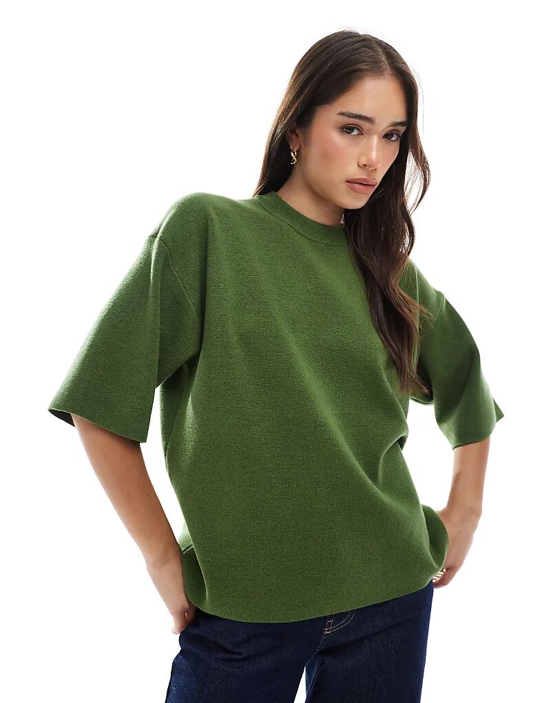

Трикотажная структурированная футболка свободного кроя ASOS DESIGN оливкового цвета