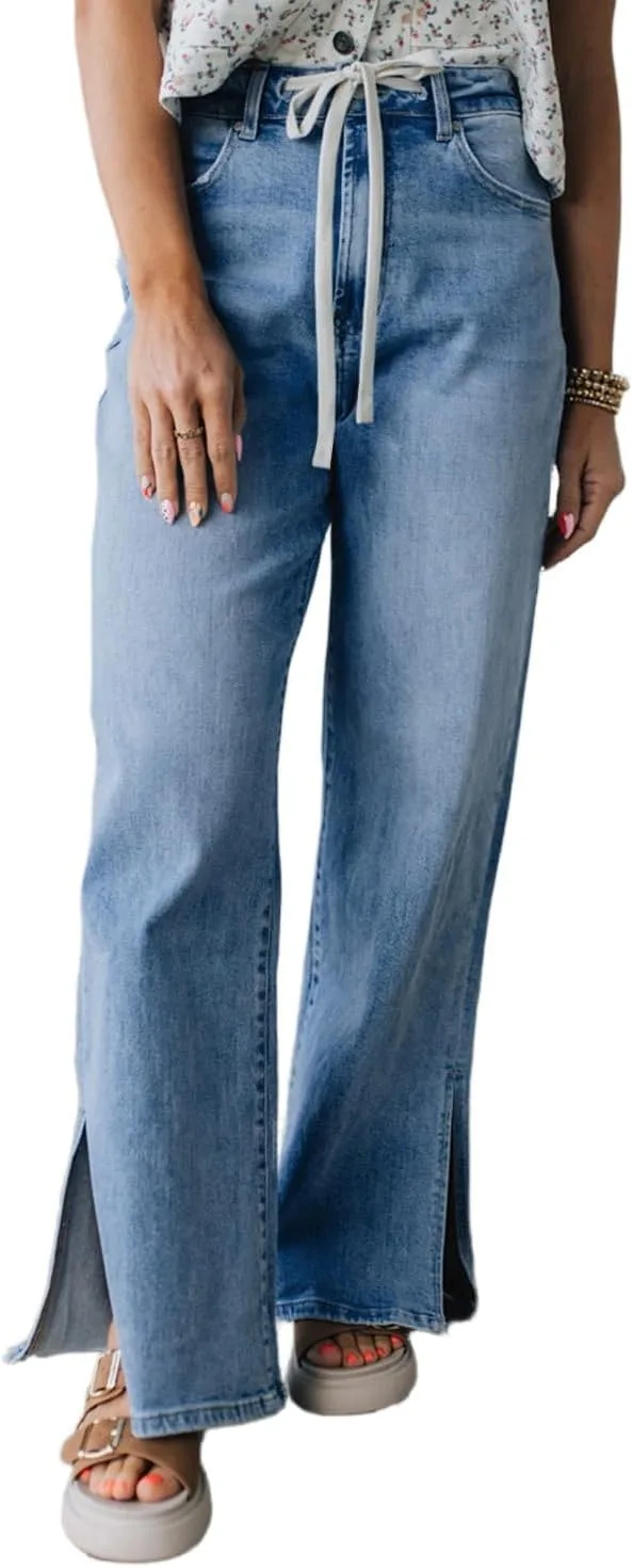 

Женские джинсы Apvirdy с высокой талией, завязками и разрезами на штанинах